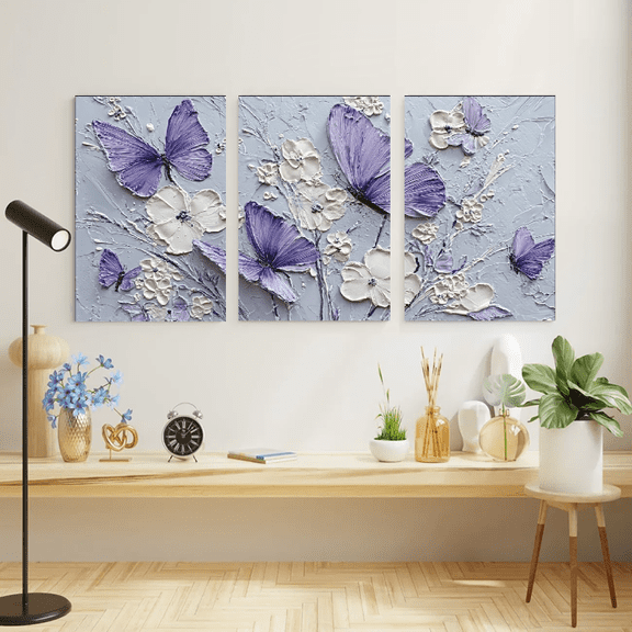 2D Flat, 3pcs Elegant Butterfly and Floral Canvas Art, Wooden Framed Large Print, Rustic Farmhouse Style, Floral Design on Grey Background, Perfect for Wedding, Home Decor, Butterfly Decorations