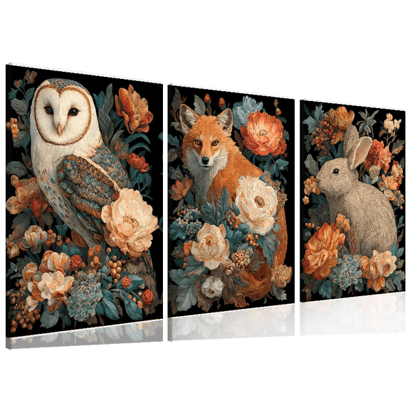 2D Flat, 3pcs Enchanted Forest Animal Canvas Art, Modern Minimalist Animal Posters with Owl, Fox, Rabbit Fantasy Themed Spring Art for Home Office, Living Room, Bedroom, Indoor, Galleries Decor
