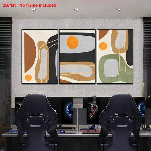 [2D Flat] 3pcs, Exquisite Decorative Paintings, 2D Flat Frameless Canvas Paintings, Triptych Green, Orange, Brown Geometric Abstract Art, Set of 3 Wall Art, Suitable for Wall Decoration for Home, Be