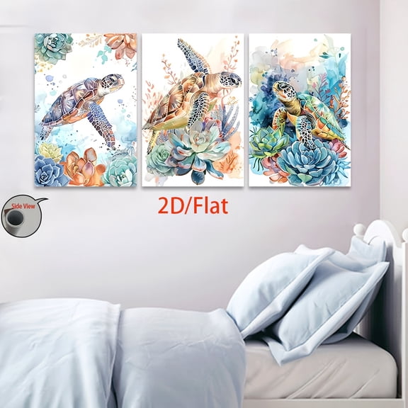2D Flat 3pcs Frameless Canvas Art Print Set - Sea Turtle & Succulent Ocean-Inspired Wall Decor, Vibrant Underwater Scene with Coral Reefs & Tropical Foliage, Perfect for Living Room, Kitchen, or Off