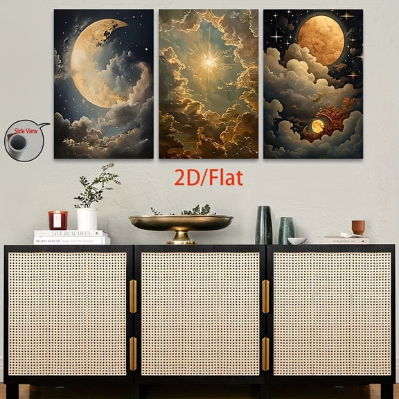 2D Flat 3pcs Frameless Canvas Art Print Set - Sun Breaking Through Clouds Sky Scene Wall Decor, 2D Flat Posters for Home Office & Living Room, Ideal for Halloween, Christmas, Birthday Gifts, Indoor