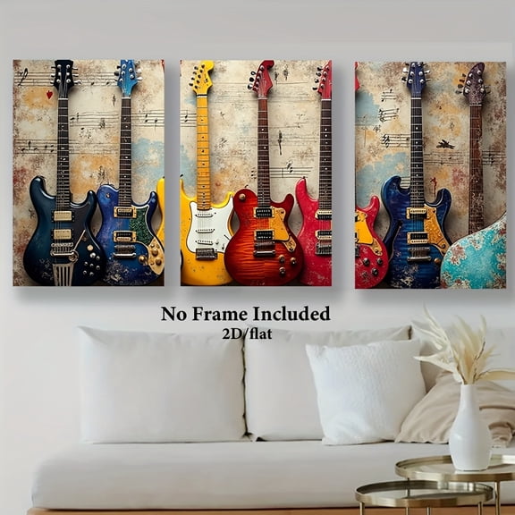 2D Flat, 3pcs Frameless Canvas Wall Art - Colorful Electric Guitars with Musical Notes, Vibrant Music-Themed Posters for Home, Office, Bar Decor, Indoor/Outdoor Use, Perfect Gift for Father’s Day, G