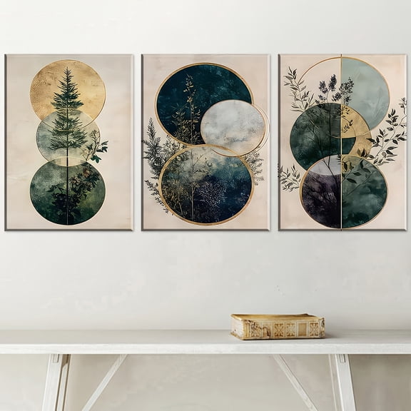 2D Flat, 3pcs Frameless Canvas Wall Art - Modern Abstract Landscape Prints with Golden, Green, Brown, & Patterns for Living Room Decor, Contemporary Home Decoration, Wall Art Decor | Minimalist Desi