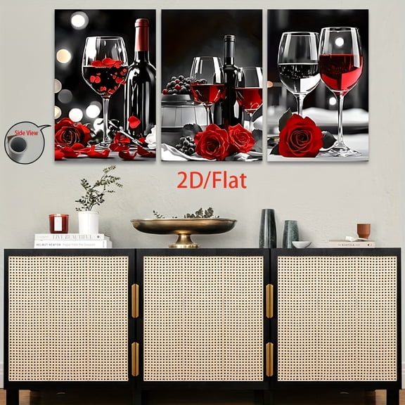 2D Flat 3pcs Frameless Canvas Wall Art - Red Wine, Roses & Grapes Print, 2D Flat Design, Ideal for Living Room, Office, Bar, Cafe Decor, Perfect for Christmas, Halloween, Birthday, and Holiday Gifts
