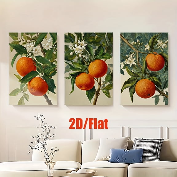 2D Flat, 3pcs Frameless Canvas Wall Art - Vibrant Orange Tree Branch Design, Classic Style, Perfect for Living Room, Office, Bedroom, School, Cafe Decor - Ideal for Birthdays, Holidays, Weddings, Gr
