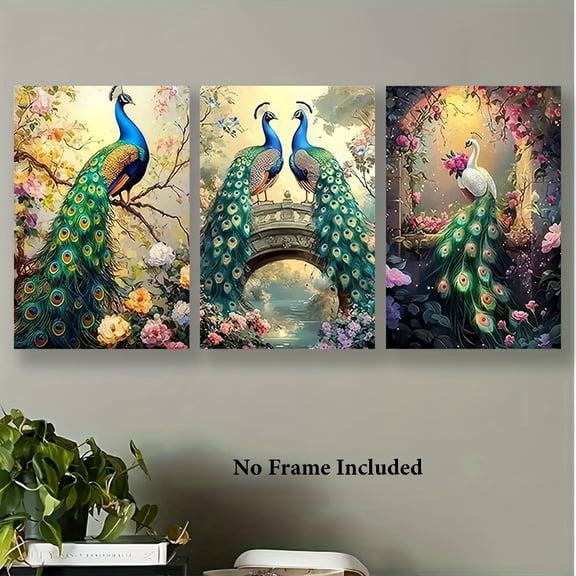 2D Flat 3pcs Frameless Canvas Wall Art - Vibrant Peacock Garden Scenes with Arched Bridge & Blooming Flowers, Ideal for Home, Bar, Cafe, or Office Decor, Fathers Day, Independence Day, Graduation Gi