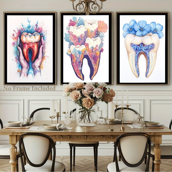 2D Flat 3pcs Frameless Canvas Wall Art - Vibrant Teeth & Flower Designs, Colorful Dental Theme Posters for Home, Office, or Cafe Decor, Perfect Father'S Day Gift, Dental Office Decor