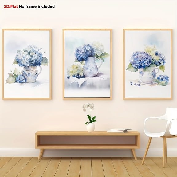 [2D Flat] 3pcs Frameless Decorative Canvas Art, 2D Flat Print Wall Art, Blue Hydrangea Bouquet, Kitchen & Dining Room Wall Decor, Natural Farmhouse Print, Relaxing Comfort Art for Home, Bedroom, Liv