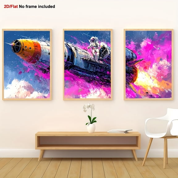 [2D Flat] 3pcs Frameless Decorative Canvas Art, 2D Flat Wall Art - Space Astronaut and Planet Watercolor Rocket Design, Vibrant Colors, Perfect for Room Decoration, Ideal for Halloween & Christmas H