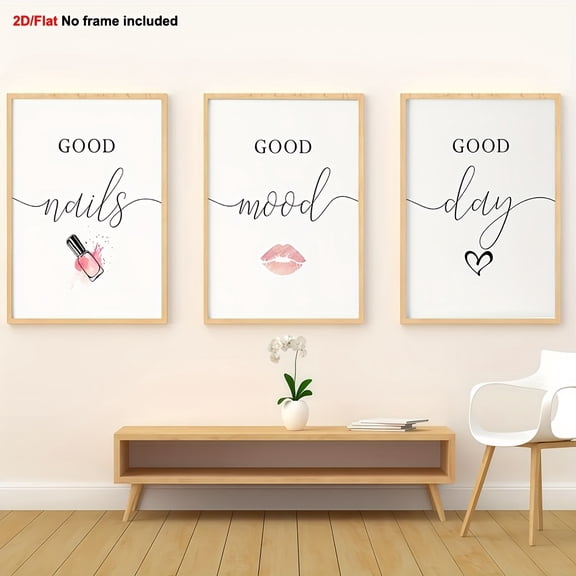 [2D Flat] 3pcs Frameless Decorative Canvas Print, 2D Flat Nail Art Wall Art for Manicure Salon, Beautiful Day Poster, Beauty Salon Wall Decor, Makeup Wall Art, Suitable for Home, Bedroom, Living Roo