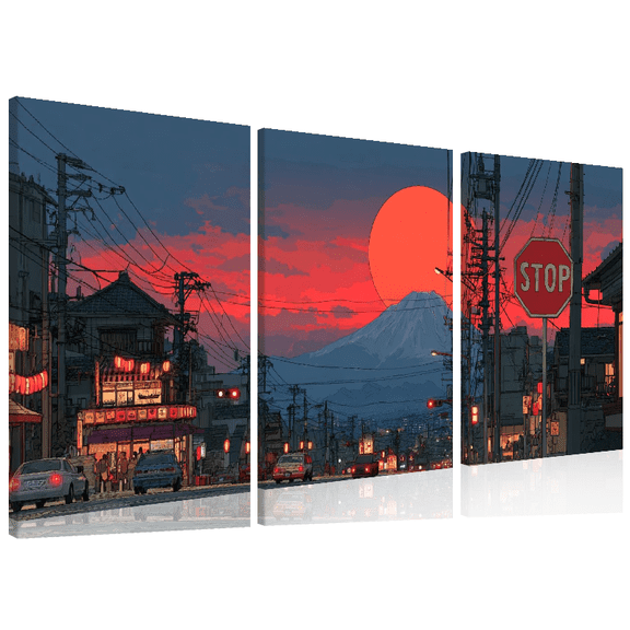 2D Flat, 3pcs Frameless Flying Crane Wall Art, Vibrant Mount Fuji Sunset Oil Painting, Frameless Wall Art with Japanese Street Scene, Perfect for Living Room or Bedroom Decor, Home Decor