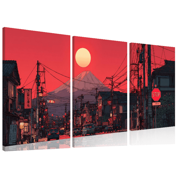 2D Flat, 3pcs Frameless Flying Crane Wall Art, Vibrant Mount Fuji Sunset Oil Painting, Frameless Wall Art with Japanese Street Scene, Perfect for Living Room or Bedroom Decor, Home Decor