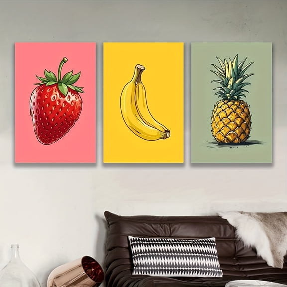 2D Flat 3pcs Frameless Fruit Art Prints - Vibrant Strawberry, Banana, Pineapple Posters for Modern Home Decor, Ideal for Kitchen, Living Room, Bedroom, Office, and Restaurants, Perfect Holiday & Bir