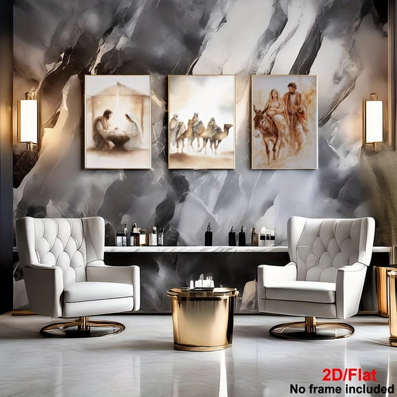 2D Flat, 3pcs Frameless Modern Classic Nativity Scene Canvas Wall Art Set - Birth Triptych Paintings, Golden-Toned Biblical Panels for Home, Church, Office & Coffee Shop Decor, Seamless Multi-Panel