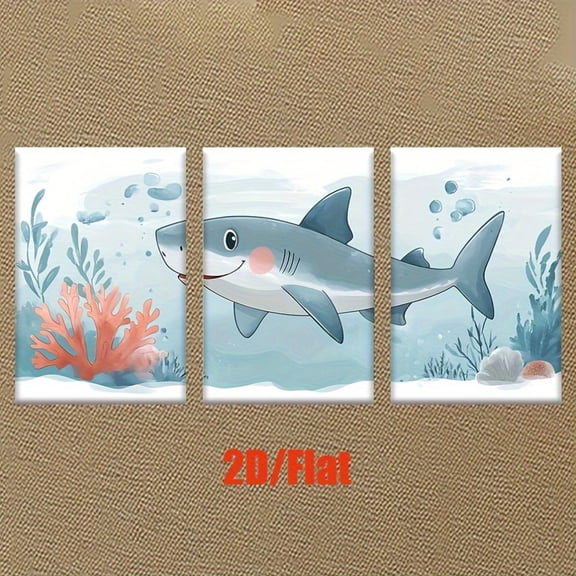 2D Flat, 3pcs Frameless Shark Canvas Posters - Smiling Shark Underwater Art Prints in Blue & Pink, Modern Ocean Decor for Living Room, Office, Kids Room - Birthday, Father'S Day, Graduation Gifts -