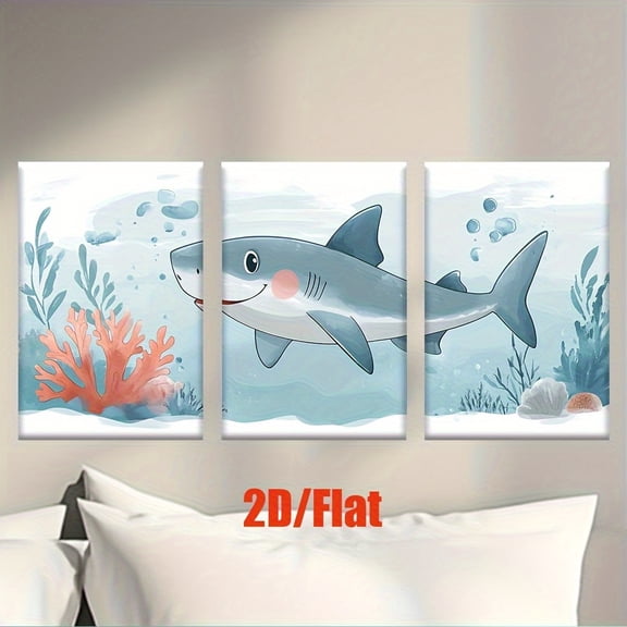 2D Flat, 3pcs Frameless Shark Canvas Posters - Smiling Shark Underwater Art Prints in Blue & Pink, Modern Ocean Decor for Living Room, Office, Kids Room - Birthday, Father'S Day, Graduation Gifts -