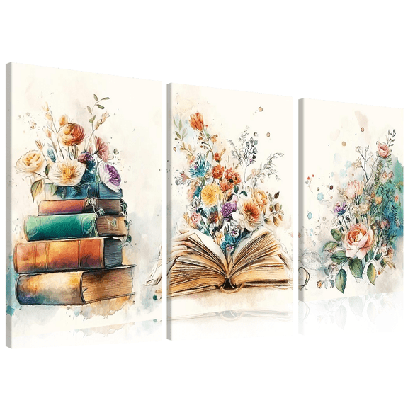 2D Flat, 3pcs Frameless Vertical Book Flower wall art, Triptych Canvas Prints, Modern Neutral Abstract Botanical Literary Panel Suitable for Living Room, Bedroom, Office Decor