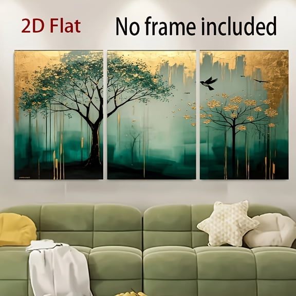 2D Flat, 3pcs Frameless Vertical Triptych Canvas Wall Art Set - Abstract Green Golden Marble-like Tree Panels, Green & Golden Leaf for Modern/Baroque/Victorian/Art Deco Decor - /Outdoor Large Mural