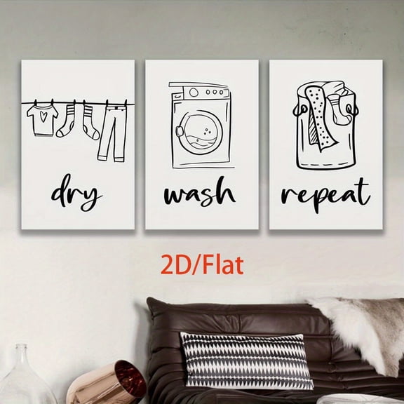 2D Flat, 3pcs Frameless Wash-Themed Minimalist Wall Art Posters - Laundry Room Decor, Dry Clean, Wash, Repeat Spray-Painted Vertical Prints for Kitchen, Living Room, Home Office - Holiday, Birthday,