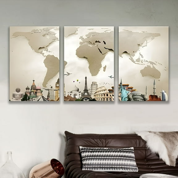2D Flat, 3pcs Frameless World Map Wall Art with Iconic Landmarks - Modern Vertical Decor for Living Room, Bedroom, Home Office - Educational & Cultural Gift for Holidays, Birthdays, Mother's Day, Fa