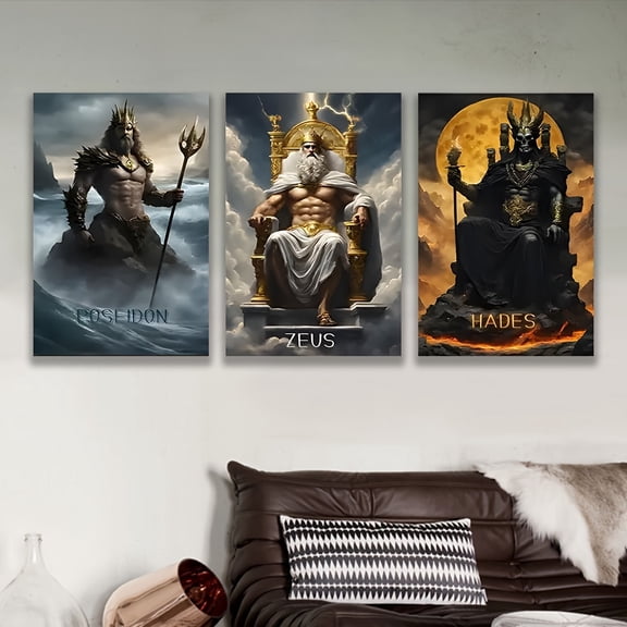 2D Flat, 3pcs Frameless Zeus Greek Mythology Art Prints - Poseidon, Zeus & Hades Wall Decor, Vertical Mythological God Paintings for Living Room, Bedroom, Office - Holiday, Birthday, Father's Day Gi