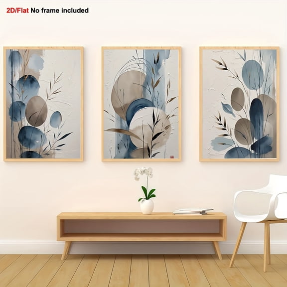 [2D Flat] 3pcs, Fun Canvas Wall Art Set - Minimalist Blue and Beige Abstract Nature Painting, Zen-Inspired Modern Home Decor, Inspirational Watercolor Poster Collection, 2D Flat, Perfect for Room De