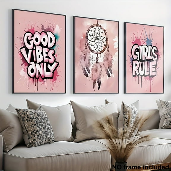 2D Flat, 3pcs Girls Room Wall Art Decor - Feminist Quotes "Good Vibes Only", Dreamcatcher & Girls Rule Paintings - Pastel Pink Canvas Prints for Teen Girls Bedroom, Living Room - Modern Girls Room D