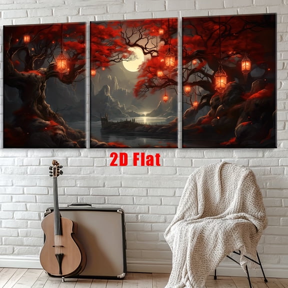 2D Flat, 3pcs Gothic Red & Golden Abstract Canvas Wall Art Set - Frameless Vertical Posters with Dandelion Sunlit Landscape, Encaustic Print for Living Room, Office, Bedroom Decor - Perfect Birthday