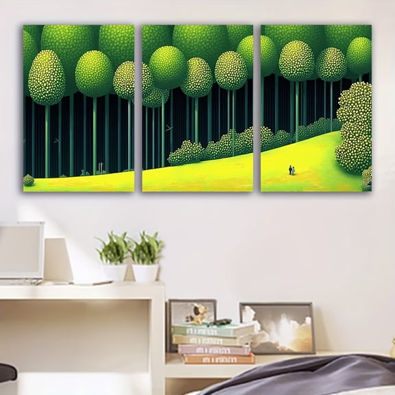 2D Flat, 3pcs Green Forest Tree Triptych Wall Art Set - Minimalist Modern Green & Black Nature-Themed Wrapped Canvas Paintings, Frameless Poster Prints for Living Room, Bedroom, Office Decor - /Outd