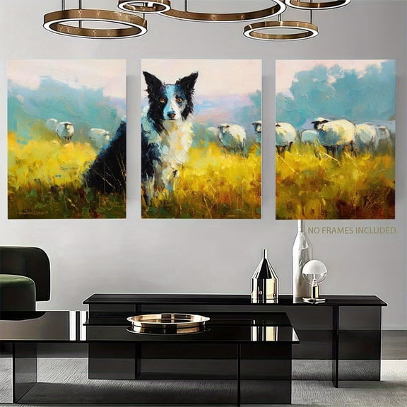 2D Flat, 3pcs Home Decor Wall Art, 2D Flat Frameless Canvas Painting of Border Collie Herding Sheep, Golden Hour Farm Dog Country Landscape Oil Painting, Suitable for Living Room, Bedroom, Hallway,