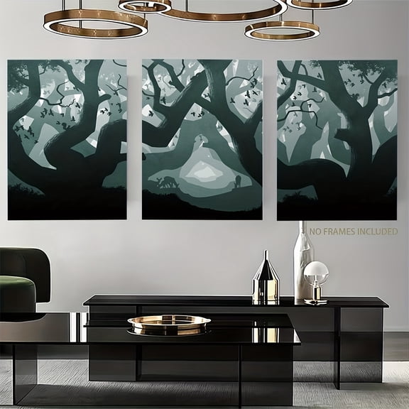 2D Flat, 3pcs Home Decor Wall Art, 2D Flat Frameless Canvas Print, Twilight Forest Mural: Mysterious Dusk Scene with Birds and Deer, Suitable for Living Room, Bedroom, Hallway, and Office Wall Decor