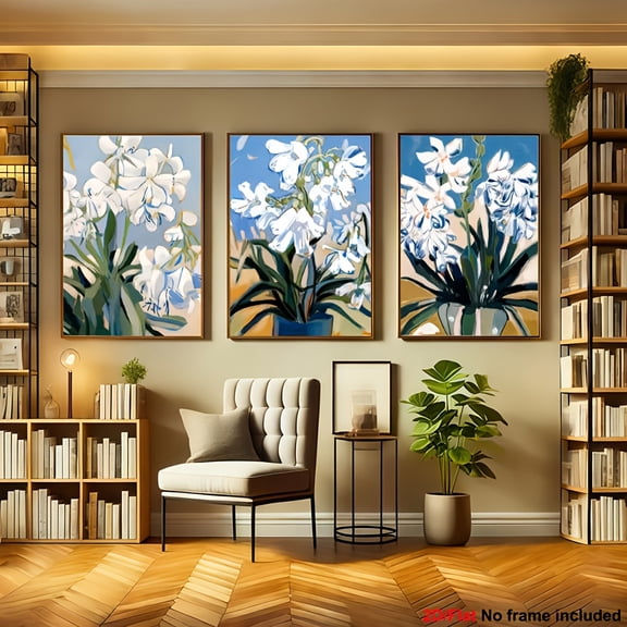 2D Flat, 3pcs Large Modern Abstract White & Blue Floral Canvas Wall Art Set - Minimalist White & Golden Leaf Frame Effect, Frameless Textured-Like Design, Soft Beige & Blue Tones for Living Room, Be