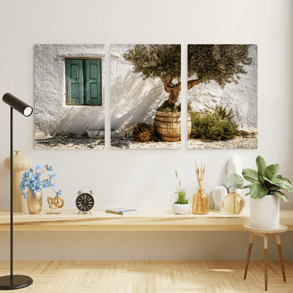 2D Flat, 3pcs Mediterranean Architecture triplet print oil on canvas, Modern art, Wall Art Canvas Painting, ideal gift for bedroom living room kitchen corridor, Fall decoration, Room decoration