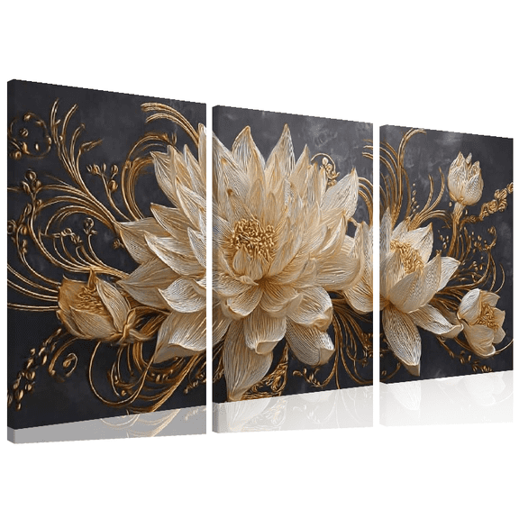 2D Flat, 3pcs Modern Floral Canvas Art Featuring a White And Golden Lotus Canvas Triptych for Wall Decoration, a Tranquil Decor for Contemporary Homes, 2D Flat Without a Frame