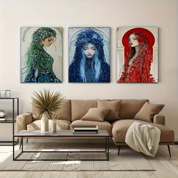2D Flat, 3pcs Modern Vertical Frameless Wall Art - Ruby/Sapphire/Emerald Ladies Portrait & Floral Paintings, Vertical Canvas Prints Suitable for / Use, Bedroom,, - Elegant Women Art Collection