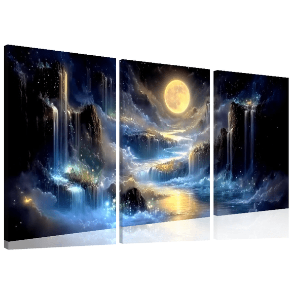 2D Flat, 3pcs Moonlight and Waterfalls Modern Abstract Wall Canvas Triptych, Neutral, Suitable for Gallery, Bedroom, Office Living Room Decor, Unframed Contemporary Painting, 2D Flat