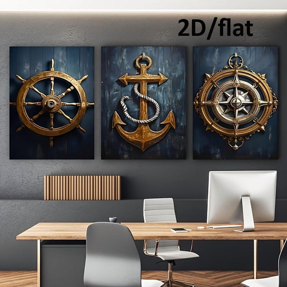 2D Flat, 3pcs Navy Blue Golden Coast Frameless Canvas Wall Art - 15.7x23.6 Inches, Modern Nautical Decor with Compass and Anchor Design, Suitable for Living Room Home Decoration, Coastal Home Decor,