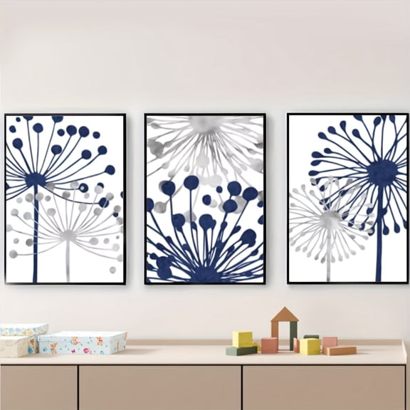 2D Flat, 3pcs Navy Blue White Grey Abstract Floral Dandelion Canvas Wall Art Set - Minimalist Modern Navy Blue & White Posters, Unframed Flat 2D Wall Decor for Bedroom, Living Room, Dorm, Corridor -