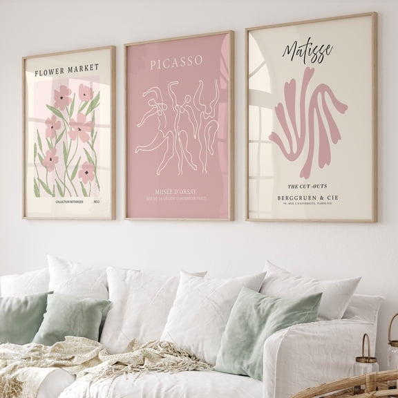 [2D Flat] 3pcs Pink Danish Dot Art Prints - Henry Matisse, Floral Market & Picasso Posters - Modern Fabric Wall Decor for Home, Office, Exhibition - Frameless, Easy to Hang, Wall Deco