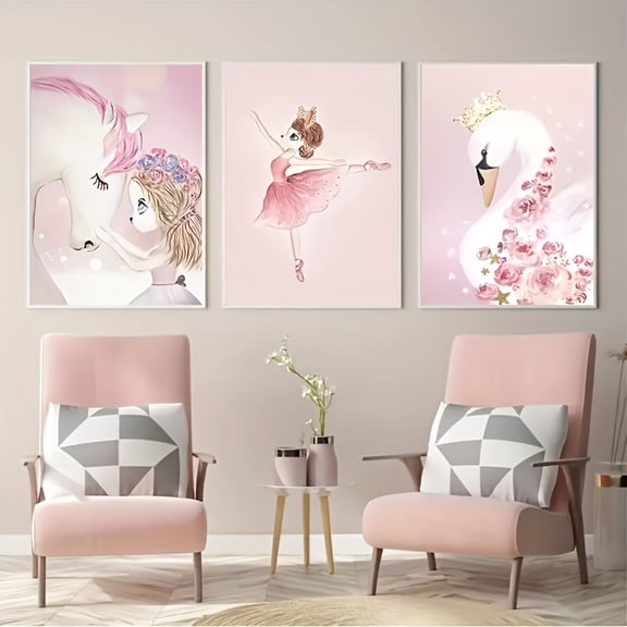 [2D Flat] 3pcs Pink Kawaii Room Decor, Swan and Girl Canvas Art Print, Frameless Wall Poster for Nursery Bedroom, 2D Flat Print, No Frame Included, Nursery Wall Decor|Pastel Pink Theme|Frameless Can