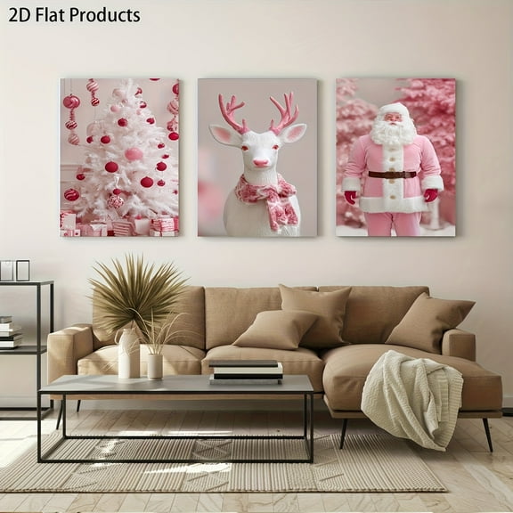 2D Flat, 3pcs Pink & White Frameless Canvas Wall Art Set - Modern Minimalist Christmas Winter Triptych Paintings with Reindeer, Snowy Trees & Santa Claus for, Room, Living Room - Soft Pastel Pink De