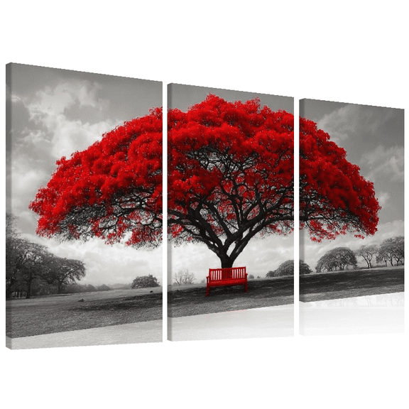 2D Flat, 3pcs Red Tree Canvas Triptych with Artistic Decoration Style for Wall Decor, Suitable for Living Rooms, Bedrooms, Offices, and Dormitories