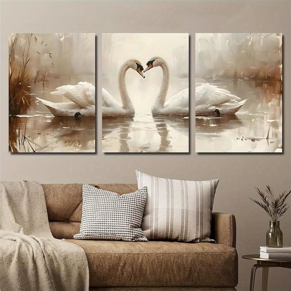 2D Flat, 3pcs Romantic Swan Love Heart Canvas Wall Art Prints - Glossy HD Frameless Modern Minimalist Swans Painting, & Brown Tones for Bedroom, Living Room, Office Decor - Indoor/Outdoor Use, Weddi