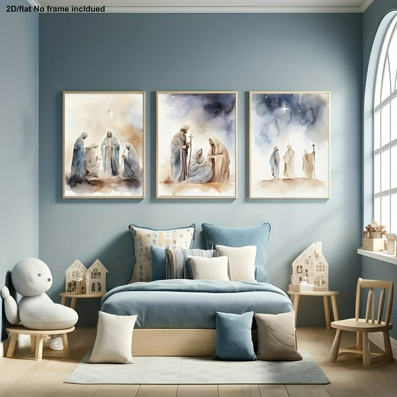 [2D Flat] 3pcs Room Decor Painting, Frameless, 2D Flat Canvas Art, 3pcs Nativity Scene Religious Canvas Wall Painting - Christmas Decoration, Soft and Watercolor Starry Sky Design, High-Quality Home