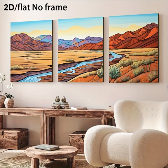 2D Flat, 3pcs Room Decor Paintings, 2D Flat Frameless Canvas Art, Suitable for Living Room and Bedroom Wall Décor, Death Valley National Park Abstract Oil Painting Panorama - American Landscape Trip