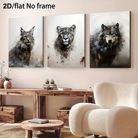 2D Flat, 3pcs Room Decorative Painting, 2D Flat Frameless Canvas Art, Suitable for Home Bedroom Wall and Mural Decoration, American Wildlife Triptych Oil Painting, Animal Wall Art - Bear, Wolf, Hors