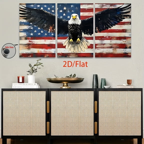 2D Flat 3pcs Set, 2D Flat Canvas Art - Frameless Bald Eagle with American Flag Background Decorative Posters and Prints, Perfect for Halloween, Christmas, Home Decor, Holiday Gifts, Parties, Birthda