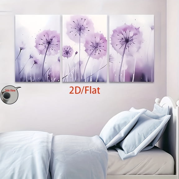 2D Flat 3pcs Set, 2D Flat Canvas Art Prints - Frameless Violet Floral Watercolor Wall Decor for Home, Halloween & Christmas Gifts, Party Room Decoration, Birthday Presents, 2D Flat, Purple Canva Wal