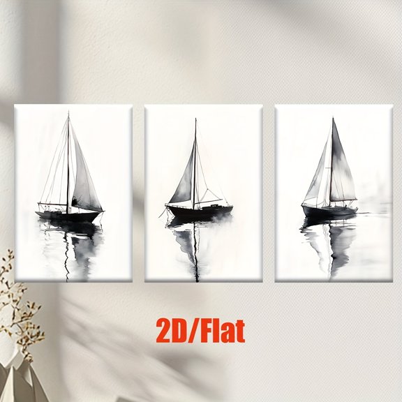 2D Flat 3pcs/Set, 2D Flat Canvas Paintings-Frameless, A Black And White Boat in The Water, Posters And Prints, Living Room, Office, Library, Bedroom, School, Cafe, Abstract Art, Home Decoration, Per