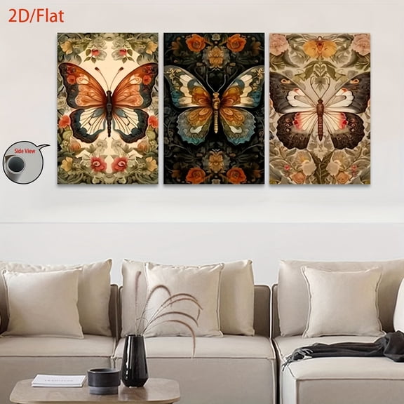 2D Flat 3pcs/Set, 2D Flat Canvas Paintings- Frameless, Butterfly And Floral Decorative Art for Home Aesthetic Enhancement, Posters And Prints, Midsummer Festival, All Saints' Day, Home Decor, Holida